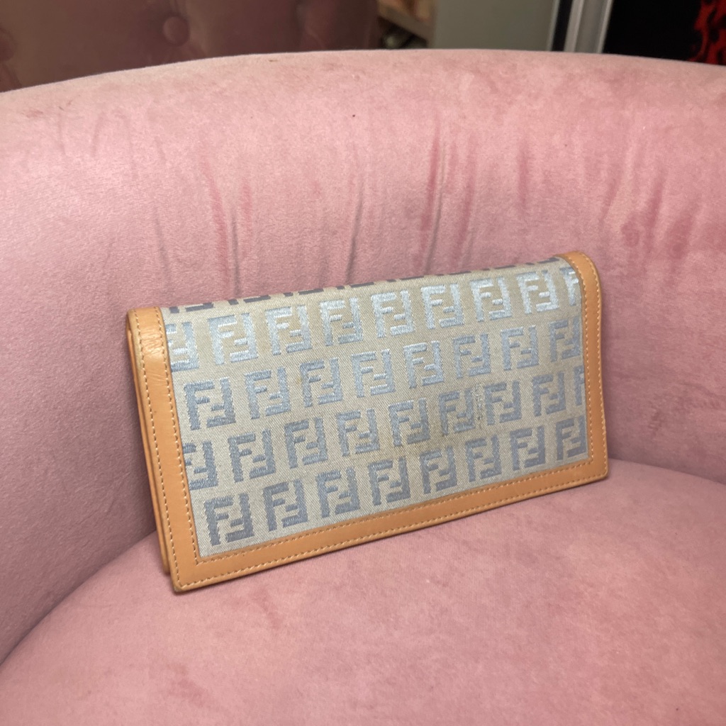 Fendi Light Blue Denim And Beige Leather Wallet